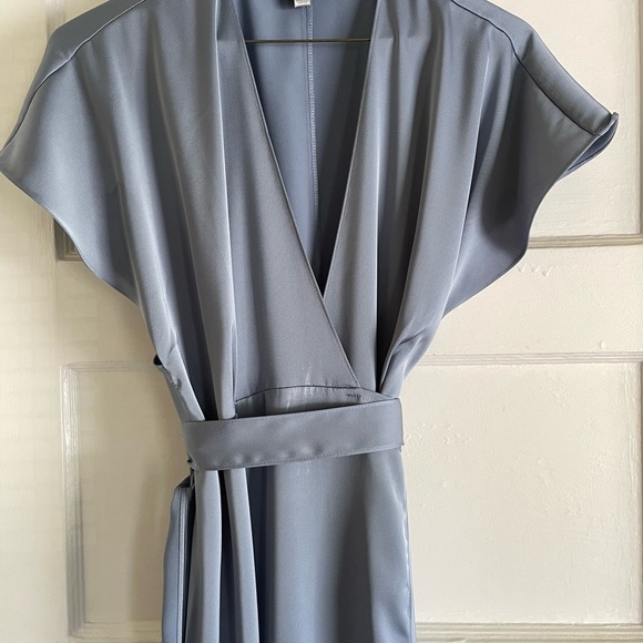 Azazie Nico Dusty Blue A-Line Satin Bridesmaid Wrap Dress Size A8 - Picture 6 of 9